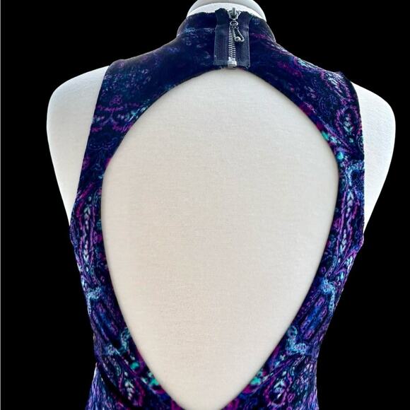 Bodycon Midi Dress Small Velvet Retro Revival 70s Psychedelic Backless High Neck - Picture 5 of 14